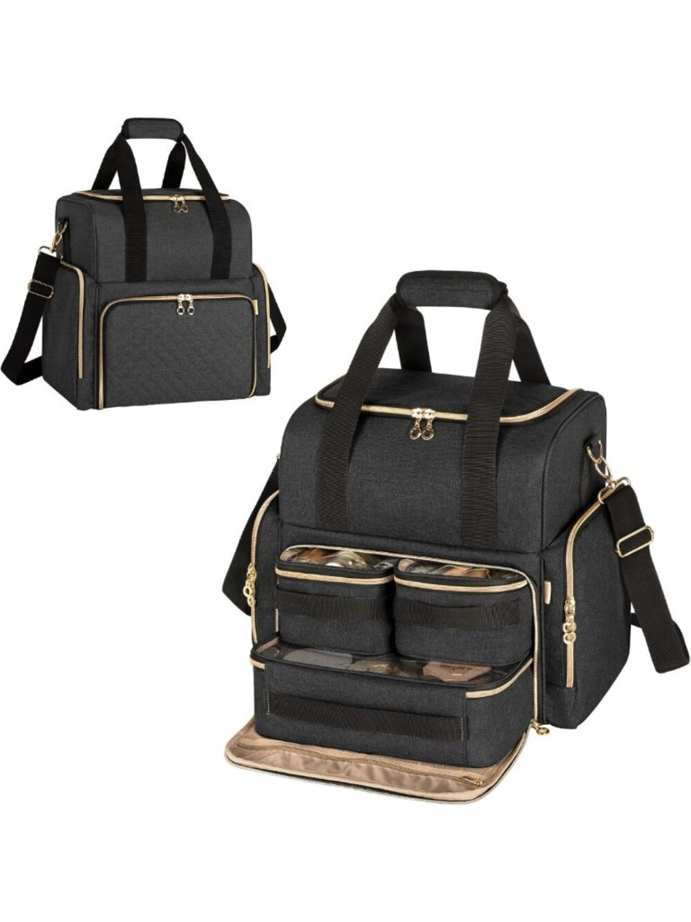Spacious Travel Makeup Bag with 3 Removable Cases - Stylish Black Organizer
